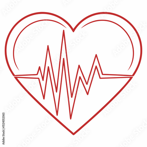 Red heart with heartbeat line isolated on white background silhouette vector