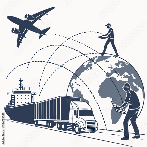 Global logistics network with ship, plane, and truck, isolated on white background silhouette vector
