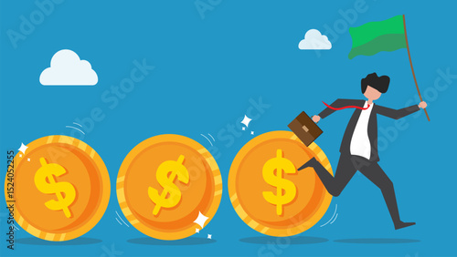 Businessman leader or investor holding flag control flow of money Dollar coins ,Cash flow, investment fund flow, fundraising,, Profit concept bank loan or financial activity to making money.