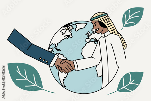 Global partnership handshake between a businessman and an arab man isolated on white background, surrounded by leaves silhouette vector