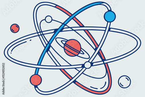 Atomic structure with orbiting electrons in red and blue, a scientific diagram silhouette vector