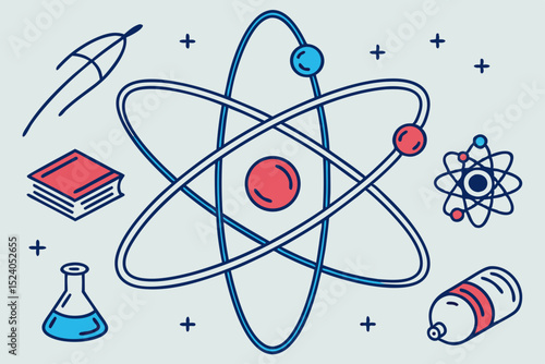 Atom model with book, flask, and pencil, science elements isolated on white background silhouette vector