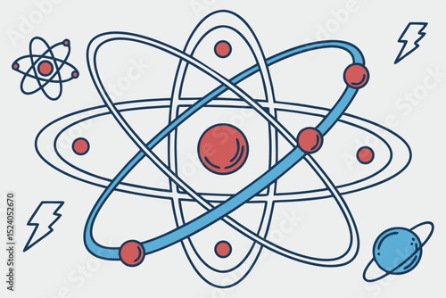 Atomic structure with orbiting electrons and lightning bolts, isolated on white background silhouette vector