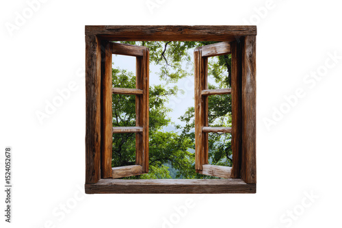 Rustic Wooden Window Open to Scenic Green Forest View A picturesque summer landscape seen through old window panes