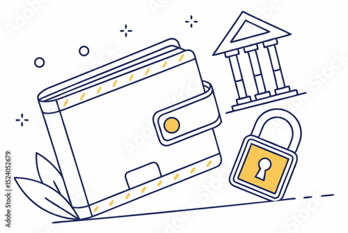 Wallet with bank and padlock isolated on white background, financial security concept, line art illustration silhouette vector
