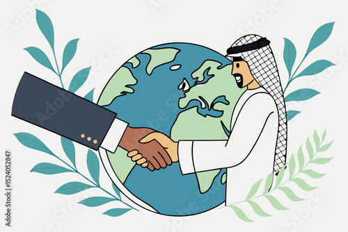 Global handshake between a businessman and an arab man, isolated on white background silhouette vector