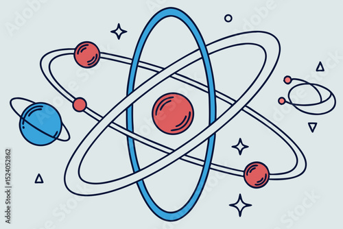 Stylized atom with orbiting electrons and geometric shapes, science concept silhouette vector