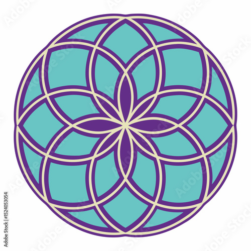 Geometric flower of life pattern in turquoise and purple, isolated on white background silhouette vector