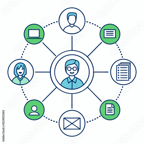 Connected central figure with surrounding people, documents, and devices isolated on white background, a network communication silhouette vector