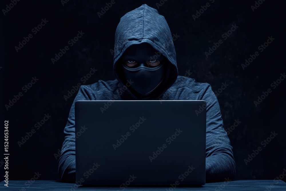 Mysterious figure working on a laptop in a dark environment during late night hours Mysterious figure working on a laptop in a dark environment during late night hours