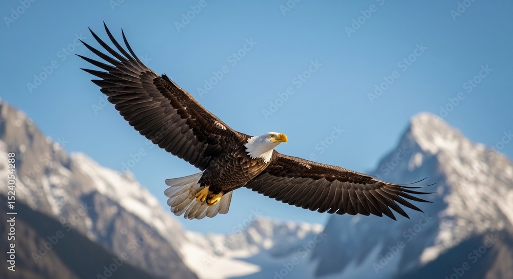 Fototapeta premium Majestic Bald Eagle Soaring Over Snowy Mountain Peaks