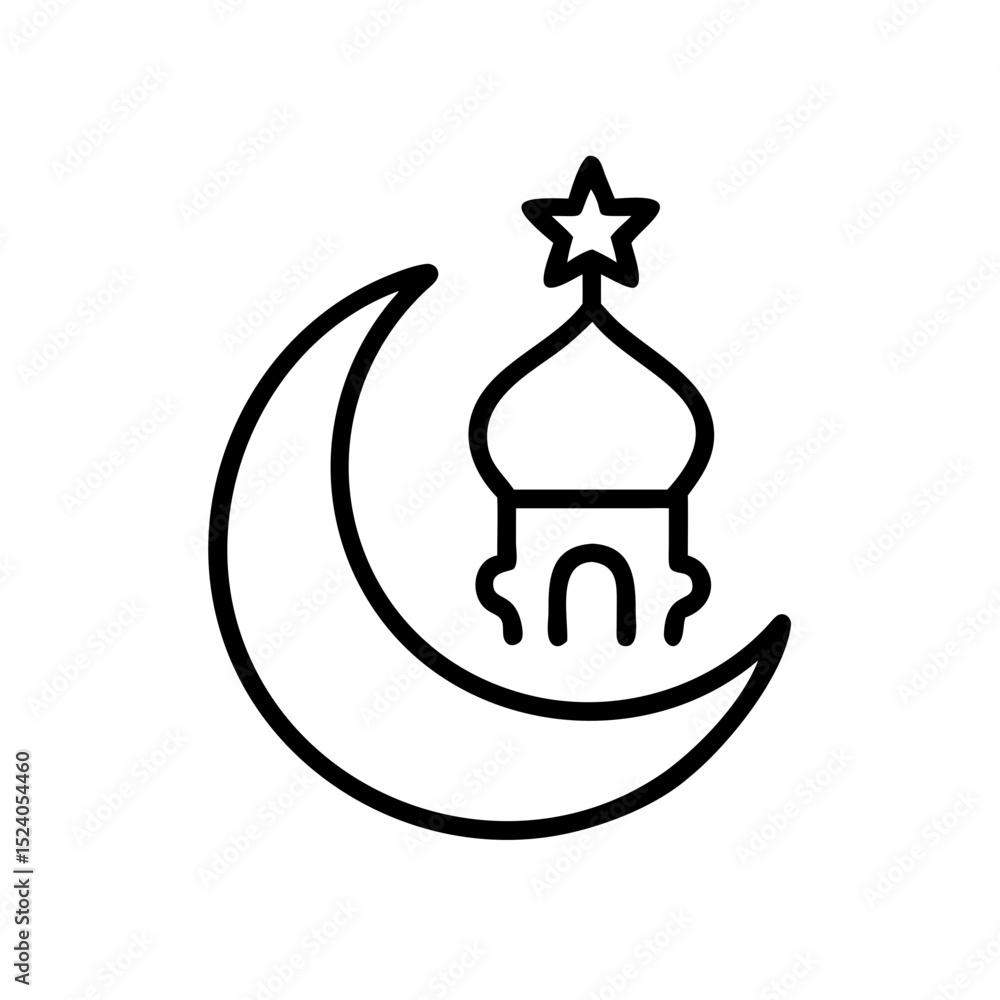Obraz premium Minimalistic black and white Eid al-Adha symbol with crescent moon, star and mosque dome in vector style