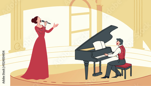 Beautiful woman opera singer in long red dress and musician pianist at piano on scene vector flat illustration, premiere 
