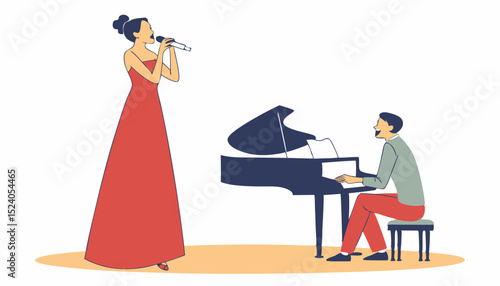 Beautiful woman opera singer in long red dress and musician pianist at piano on scene vector flat illustration, premiere 