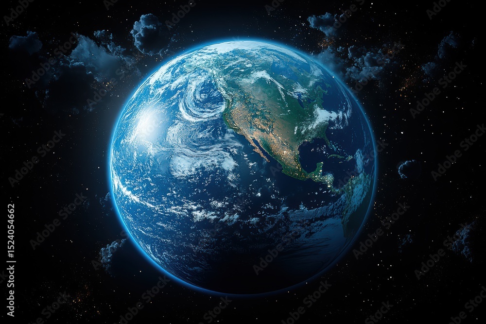Obraz premium Earth as seen from space showcasing vibrant blue oceans and continents under a starry sky