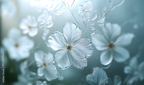 Soft focus captures a tranquil dreamscape of delicate white flowers floating in a serene, ethereal setting. The blossoms, gently lit, evoke a sense of peace and natural beauty.