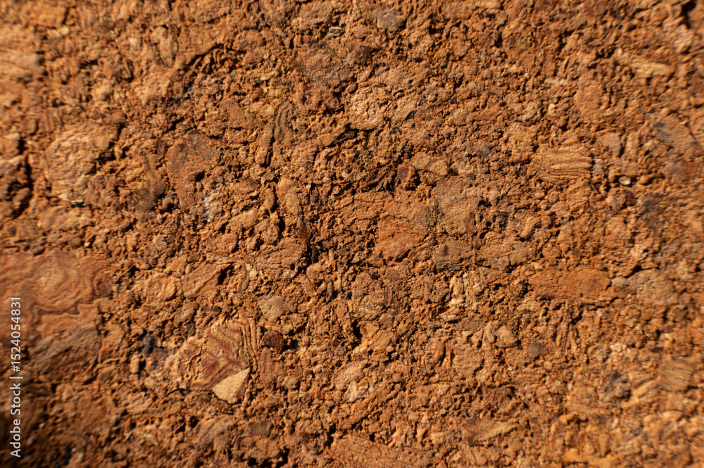 Close-up with shallow depth of field. Surface of pressed cork wood. Orange warm background Close-up with shallow depth of field. Surface of pressed cork wood. Orange warm background