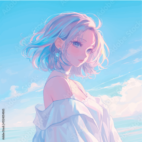 Pastel Girl Anime Illustration Blue Sky, White Dress, Short Hair