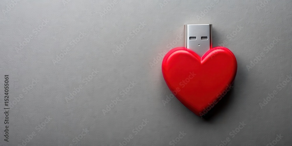 Fototapeta premium Modern technology element on a gray background with a heart-shaped USB drive in the center, heart shaped usb drive, digital storage
