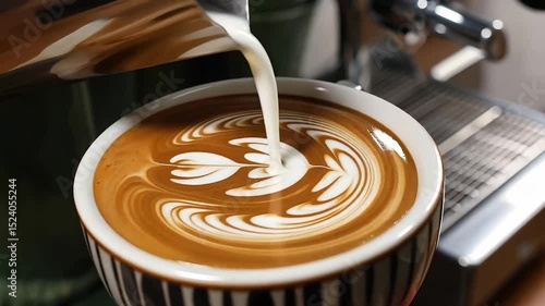 Close-up slow-motion capture of a barista pouring steamed milk into espresso, forming intricate latte art swirls