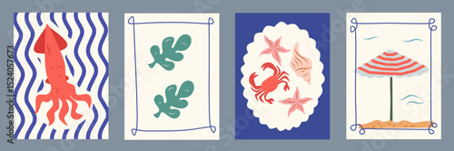 Summer Italy la dolce vita vintage posters. Amalfi or Sicily of postage stamps with image of Italian Mediterranean leaf, squid, sea shells, crab wall decor. Vector illustration doodle cartoon style.