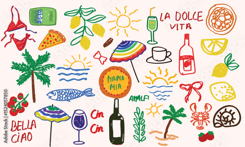 Hand drawn Italian or Greek summer vacation elements in colorful chalk rough doodle grungy style. Coastal food, wine, seafood, travel icons for poster, placard, postcard, wall art, retro print.