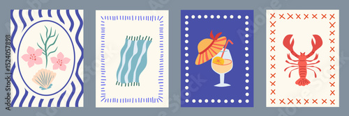 Summer Italy la dolce vita vintage posters. Amalfi or Sicily of postage stamps with image of Italian Mediterranean drink, lobster, shells, flower wall decor. Vector illustration doodle cartoon style.