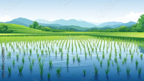 Lush rice paddy landscape with mountains