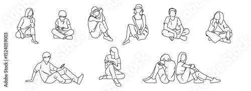 Vector silhouettes of men and women and teenagers, business people,  sitting, profile, hand draw, linear sketch, black and white color, isolated on white background