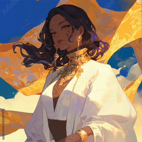 Elegant Dark-Skinned Woman in Flowing Gold Fabric Digital Painting