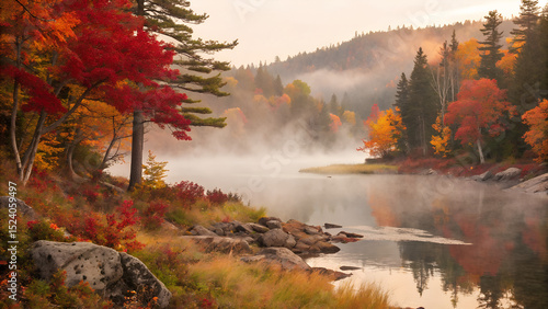 wall art, Autumn Sunrise over Misty Lake