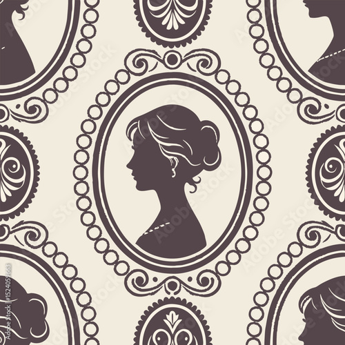 A seamless Edwardian wallpaper pattern featuring elegant cameo medallions framed by ornate gold filigree, set against a muted lavender background