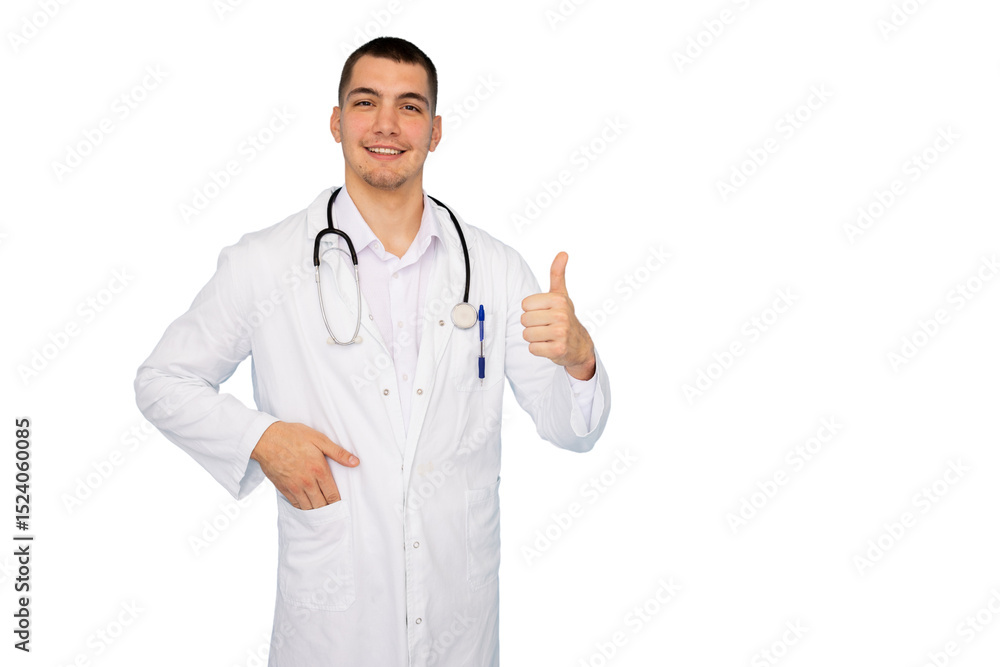 Medical professional wearing white lab coat, stethoscope, giving thumbs up with cheerful smile against transparent backdrop Medical professional wearing white lab coat, stethoscope, giving thumbs up with cheerful smile against transparent backdrop