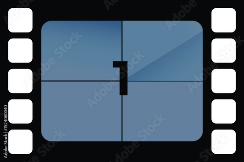 Film countdown timer with number one in movie frame illustration