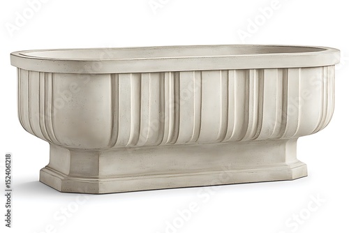 Close up of a rectangular planter with vertical lines and a base against a white background