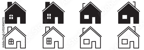 Web home icon set for websites and apps. Simple house symbol. Flat real estate sign. Main page pictogram in filled, thin line, outline and stroke style. Isolated illustration