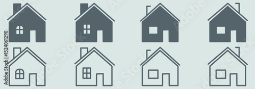 Web home icon set for websites and apps. Simple house symbol. Flat real estate sign. Main page pictogram in filled, thin line, outline and stroke style. Isolated illustration