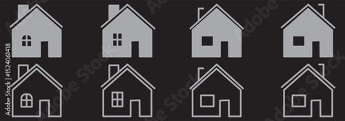 Web home icon set for websites and apps. Simple house symbol. Flat real estate sign. Main page pictogram in filled, thin line, outline and stroke style. Isolated illustration