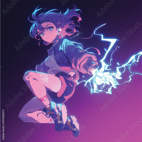 Cyberpunk Anime Girl with Electric Powers Digital Art Illustration