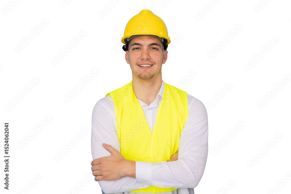 Confident engineer standing with crossed arms, wearing hardhat and safety vest, isolated on transparent background Confident engineer standing with crossed arms, wearing hardhat and safety vest, isolated on transparent background