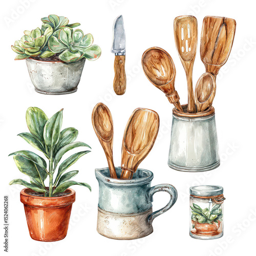 Stylish Collection of Potted Plants and Wooden Utensils in a Cozy Kitchen Setting, Featuring Succulents and Decorative Cookware