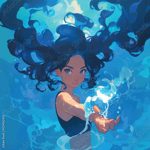 Enchanted Underwater Maiden Digital Painting of a Girl with Flowing Blue Hair and Water Magic