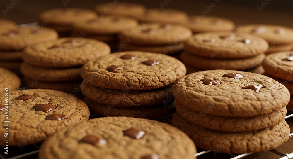 Chocolate Chip Cookies: Warm, Golden-Brown Stacks in Rustic Setting Chocolate Chip Cookies: Warm, Golden-Brown Stacks in Rustic Setting