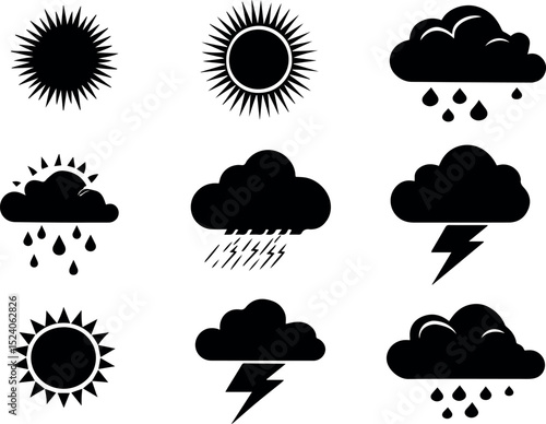 simple black weather icon set vector with sun, rain, clouds, lightning, and wind symbols for climate design