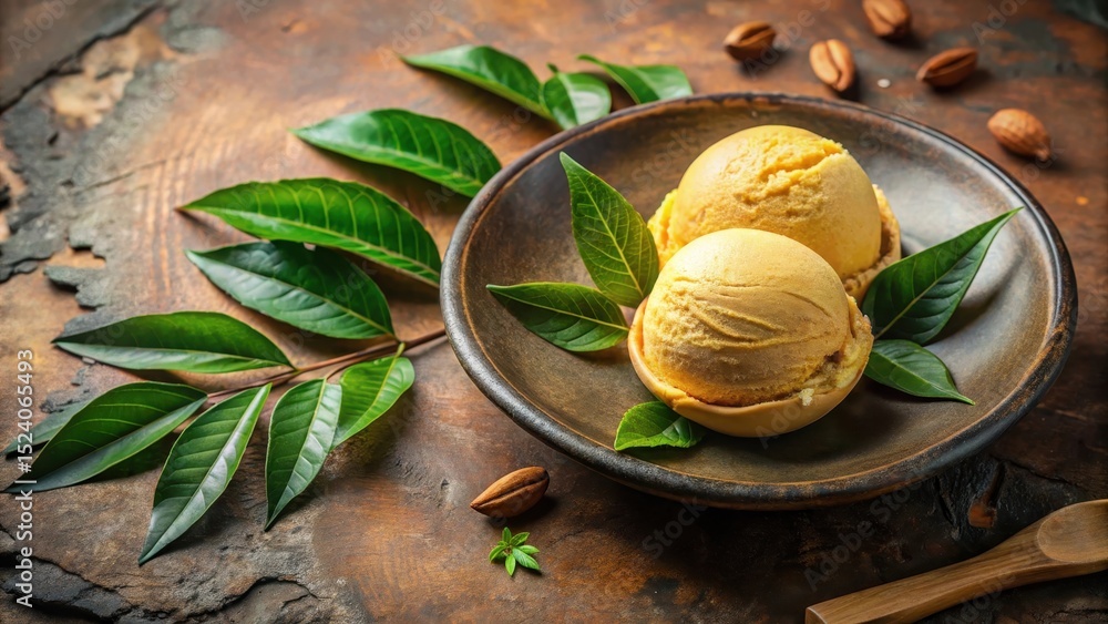A scoop of lucuma ice cream sits in a shallow bowl on a weathered earthen plate surrounded by lush green foliage and a few scattered leaves , ice cream, earthen surface A scoop of lucuma ice cream sits in a shallow bowl on a weathered earthen plate surrounded by lush green foliage and a few scattered leaves , ice cream, earthen surface
