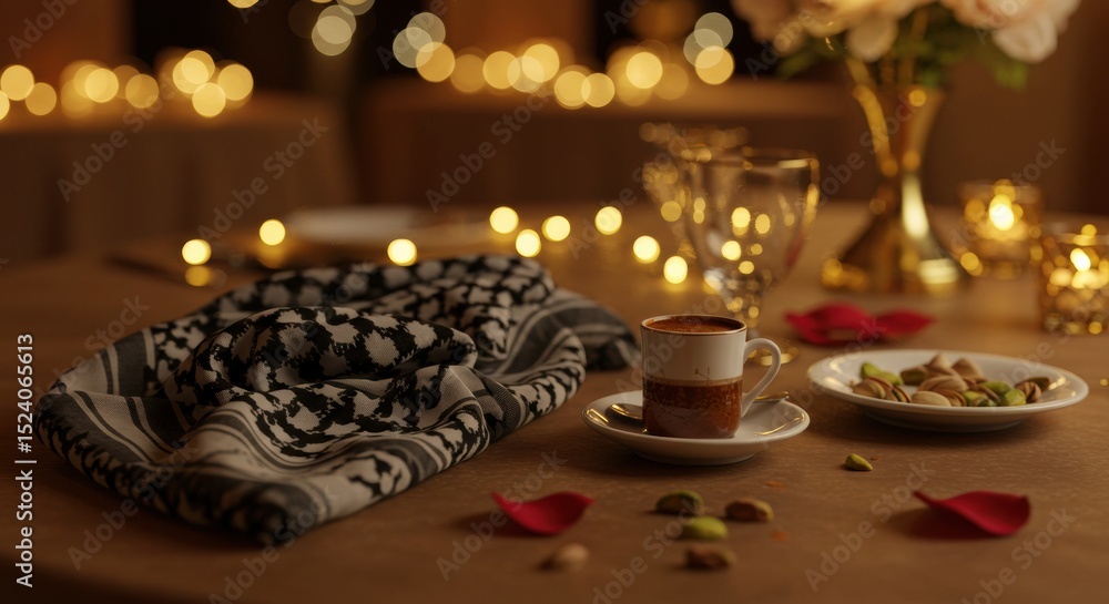 Fototapeta premium A romantic and enchanting table setting with glowing candles, scattered red rose petals, and decorative beads for a special occasion.