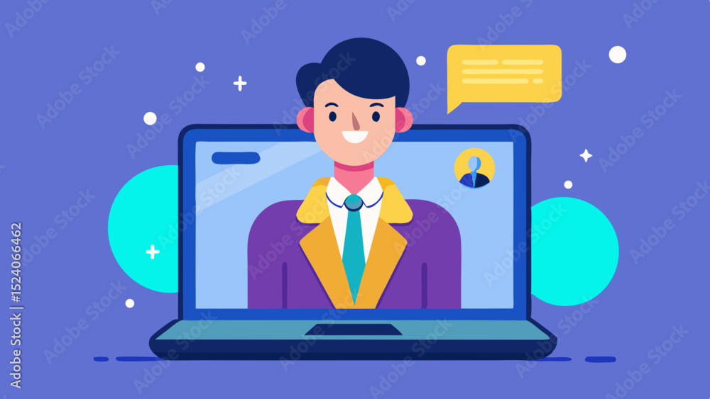 Man in video call on laptop with speech bubble graphic Man in video call on laptop with speech bubble graphic