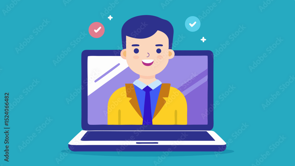 Man in laptop screen with check marks on blue background Man in laptop screen with check marks on blue background