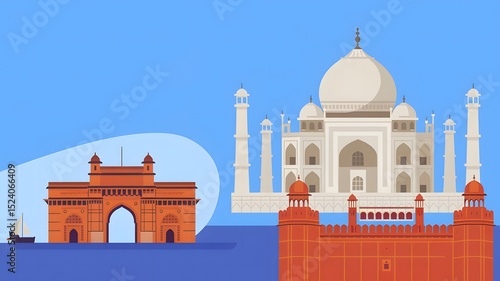 A vector illustration of famous landmarks from Mumbai and Delhi.