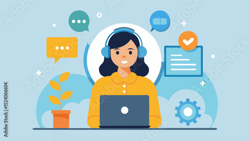 Woman with headset working on laptop in a call center